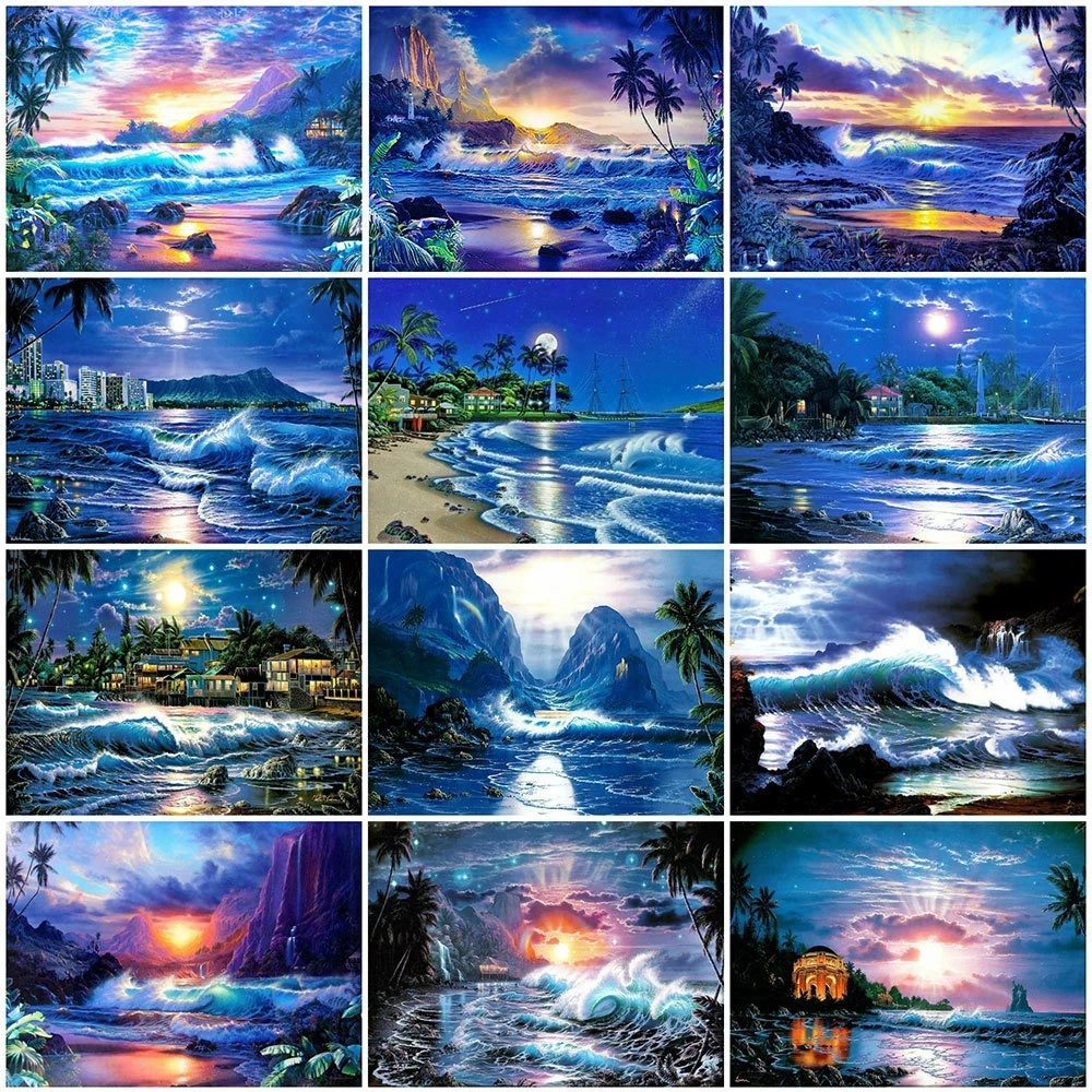 

Картина из страз «сделай сам» с изображением морского побережья, ночного вида, полная вышивка, Новое поступление, пейзаж, волны, Алмазная мо...