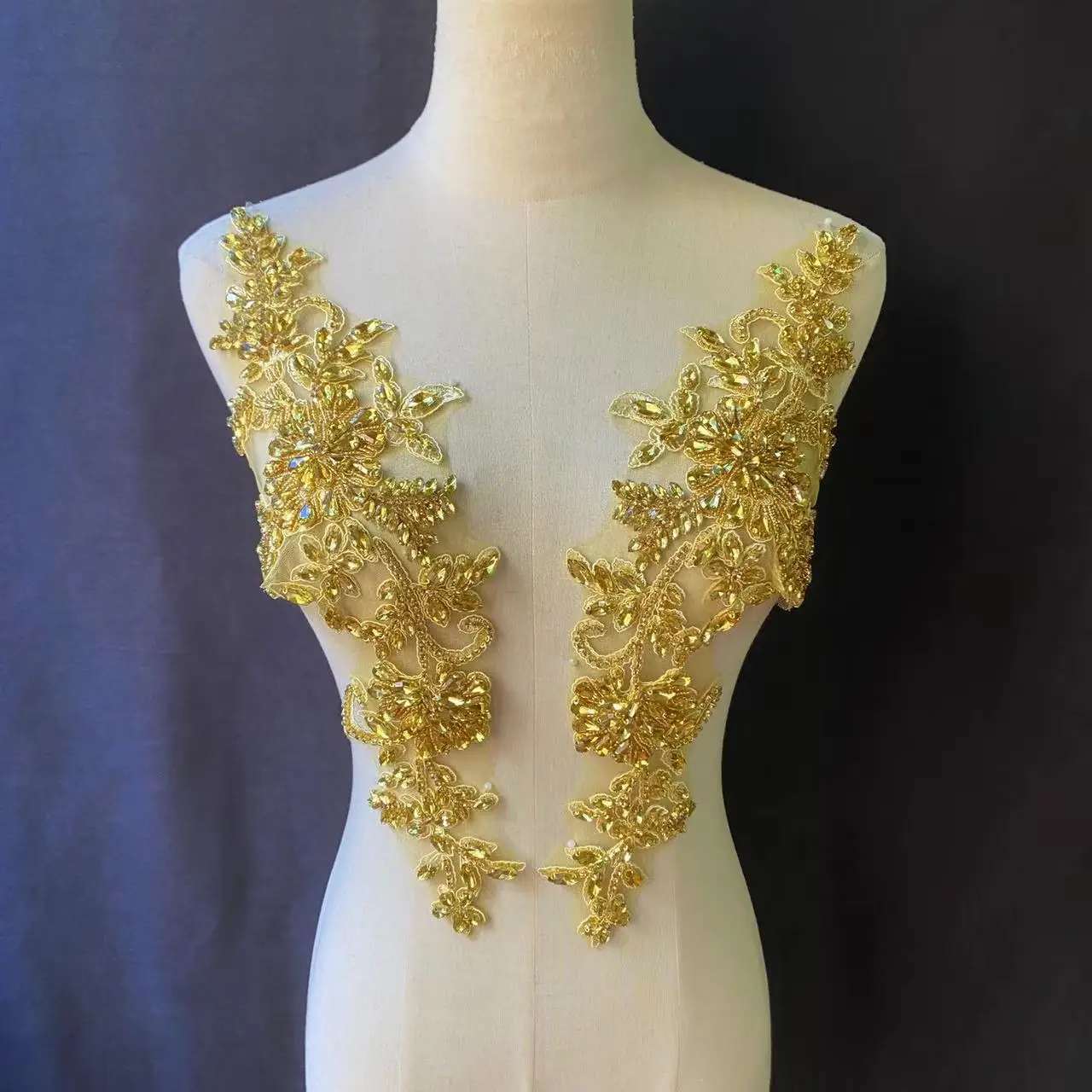 High End Gold Gorgeous Heavy Bead Patch Diamond Applique for Rhinestone Coat,Couture,Wedding Dress,Sparkle Corset