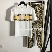 luxury design 2022 leopard pattern 2 two pieces outfits for women branded logoed letter short sleeve t shirt top sweatpants
