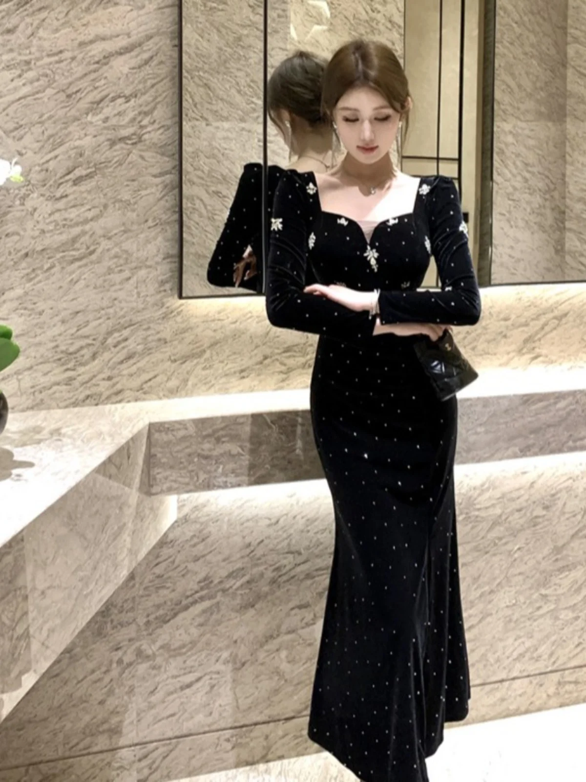 Французское светское темпераментное платье High Sense Light Luxury Вечернее Тяжелая