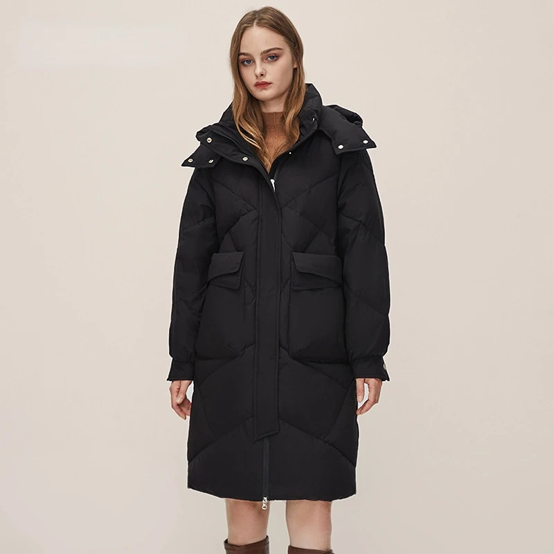 Medium Length Down Jacket Women Warm White Duck Down Hooded Jacket Thickened Warm Loose Silhouette Hood Detachable
