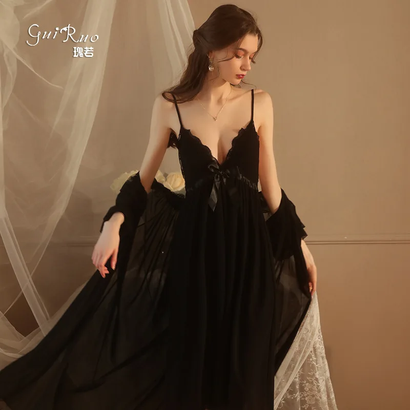 Bathrobe Set Women's Summer Thin Sexy Backless Ladies Robe Set Nightwear French Style Dressing Gown And Nightdress For Female