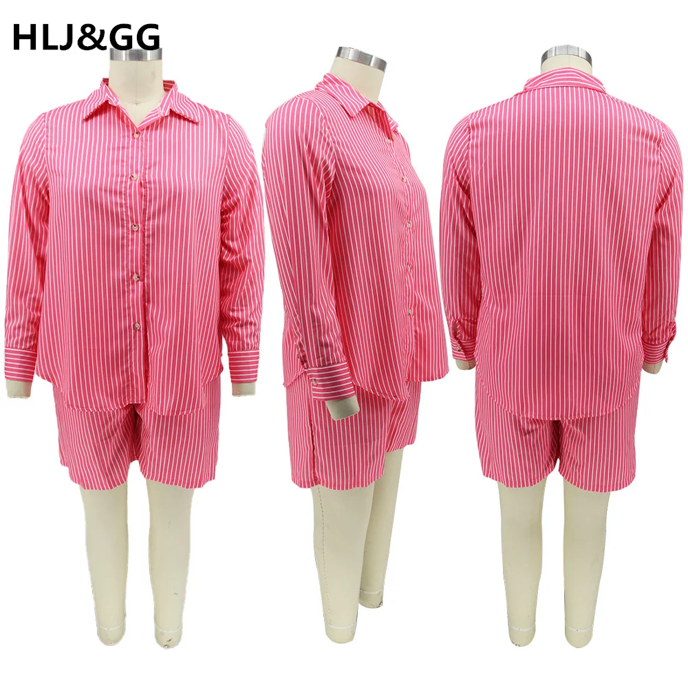 HLJ&GG Casual Plus Size Shirt Suits Turn-down Callar Long Sleeve Shirt + Short Pants Two Piece Sets Casaul Outfits Shorts Sets