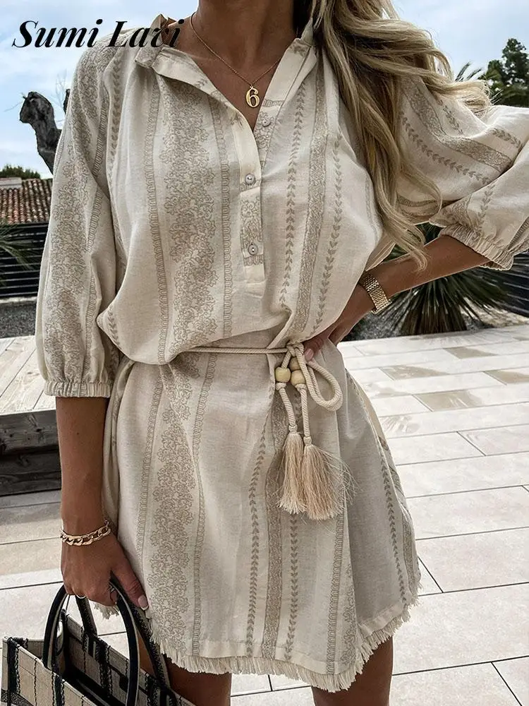 

Ethnic Style O Neck Print Mini Dress Summer Half Sleeves Lace Up Tassel Shirt Dress Casual Single-breasted Straight Short Dress