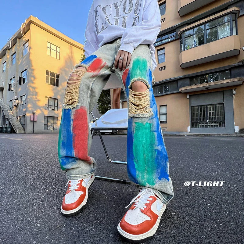 Ripped Graffiti Jeans Men Fashion Casual Straight Baggy Jeans Men Streetwear Hip Hop Loose Hole Denim Pants Mens Trousers M-5XL