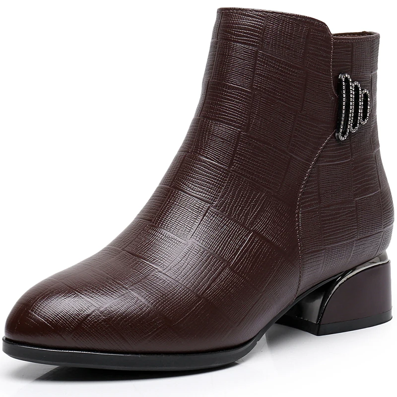 

New Ankle Boots Women Pointed Toe Thick Heels Genuine Leather Shoes Short Boots Soft Sole Footwear Plus Size 35-43