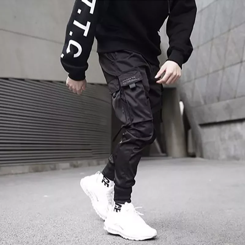 2022New Hop Trousers Men Ribbons Color Block Black Pocket Cargo Pants Harem Joggers Harajuku Sweatpant