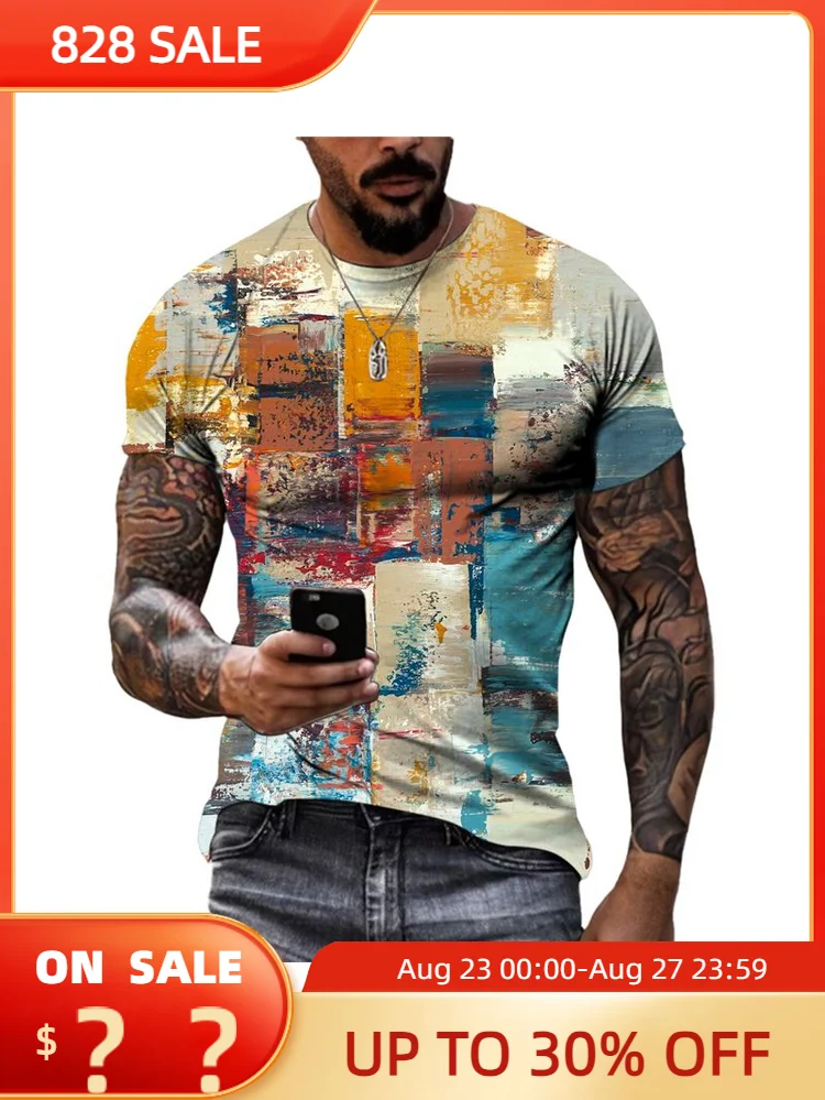 

New Fashion Europe and America Retro Graffiti Men T-shirt Summer Trend Casual Personality Street Style Printed Short Sleeve Tees
