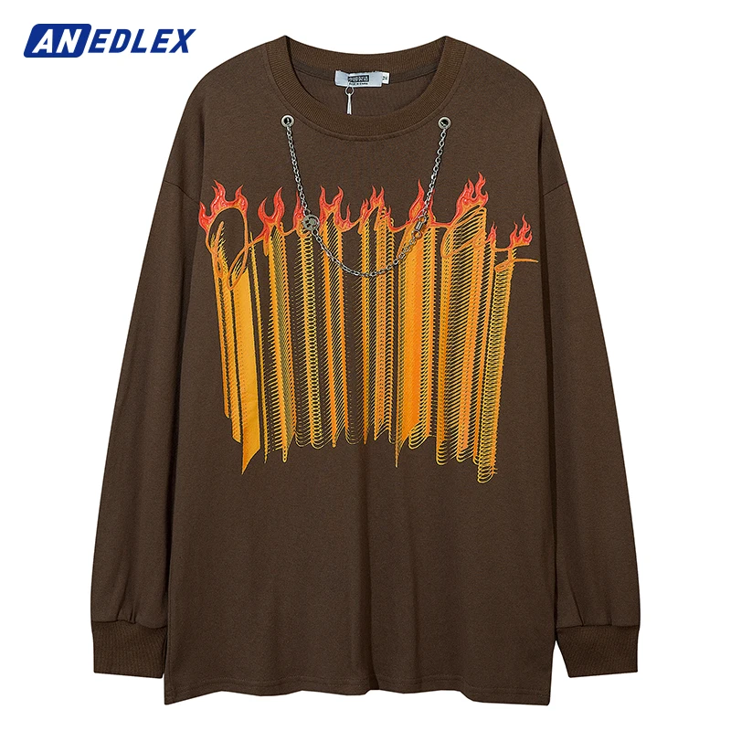 

Men Fashion Necklace TShirt Hip Hop Streetwear Flame Letter Print Oversized T Shirts Harajuku Cotton Long Sleeves Autumn T-Shirt