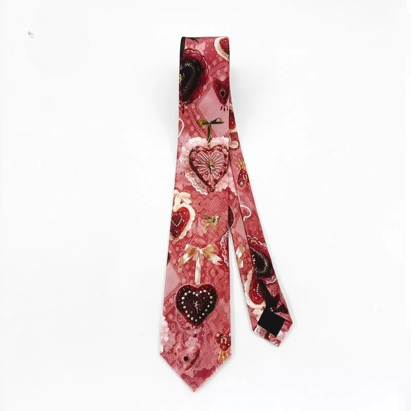 Фото Галстук Y2K с кружевным сердечным принтом, унисекс, розовый, для повседневной рубашки в университетском стиле, аксессуар для рубашки №2