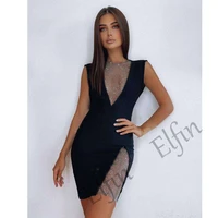elfin black package hip skirt v neck sleeveless sequin stitching zipper tight waist skirt banquet reception event