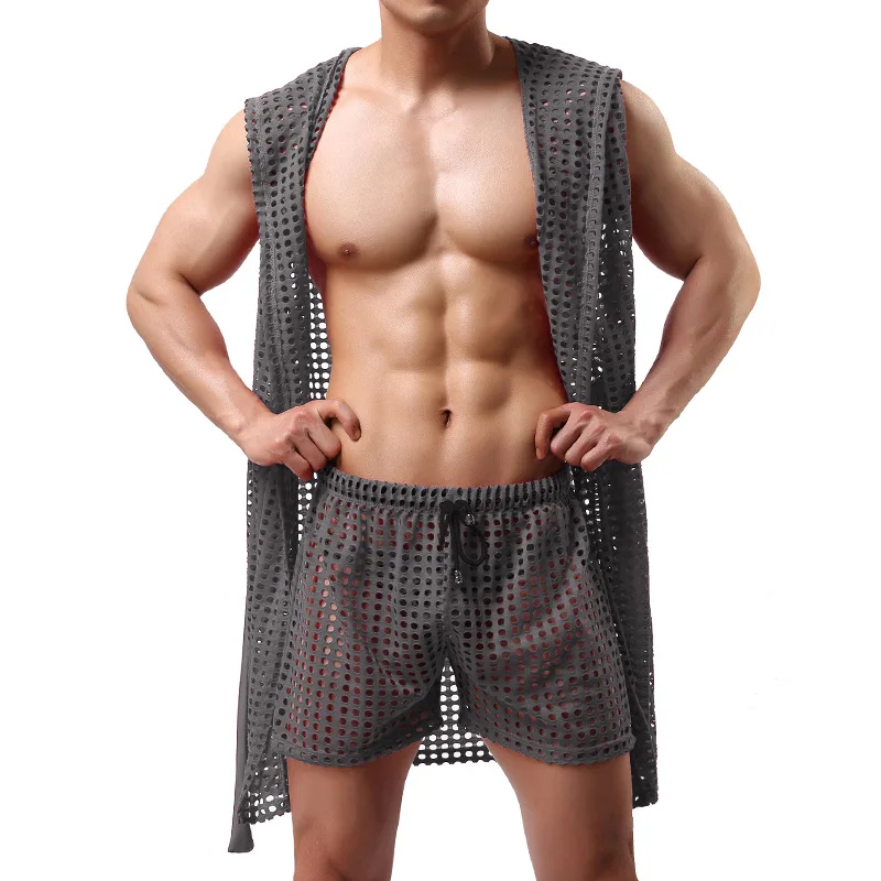 

Hollow Mesh Cutout Men's Bathrobe +Shorts Gown Sexy Kimono Szlafrok Sleepwear See Through Pijama Men Homme Badjas Dressing New