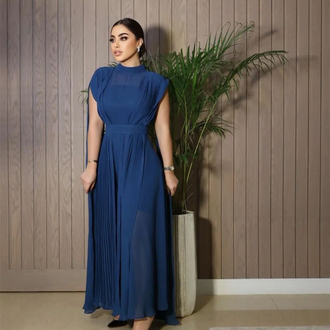 

Винтажное длинное синее шифоновое Плиссированное вечернее платье, ТРАПЕЦИЕВИДНОЕ ПЛАТЬЕ до щиколотки, женское платье на молнии для выпускного вечера