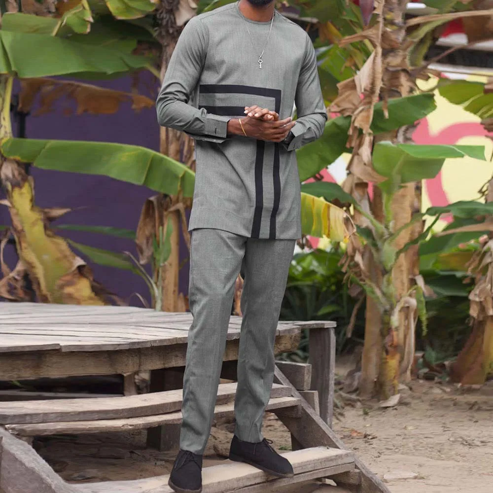 

Наряд модный мужской Дашики Африканский этнический Повседневный облегающий мужской костюм с длинным рукавом длинная рубашка с контрастны...