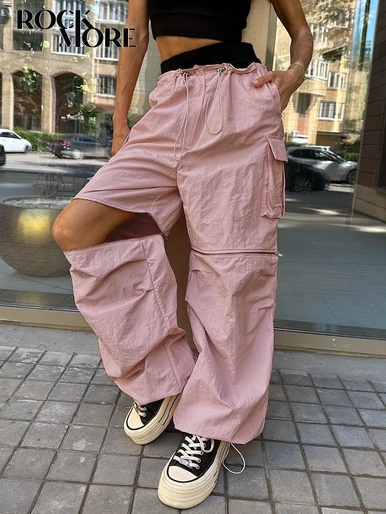 

Rockmore Removable Zipper Drawstring Cargo Pants Y2K Street Baggy Jogger Sweatpants Pockets Low Waist Pink Parachute Trousers