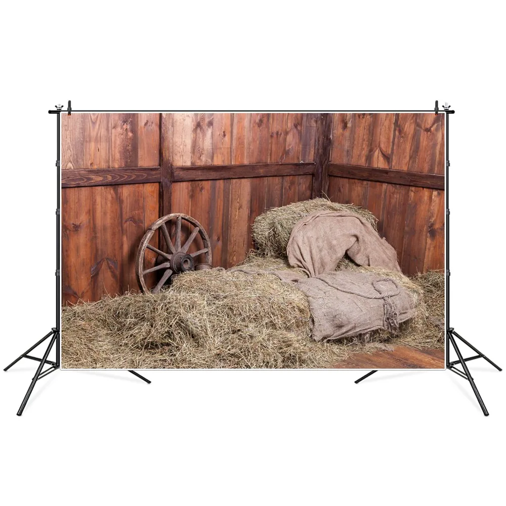 

Farm Cabin Hay Bales Scene Photography Backgrounds Countryside Wooden Warehouse Interior Wheel Blanket Decoration Photo Backdrop