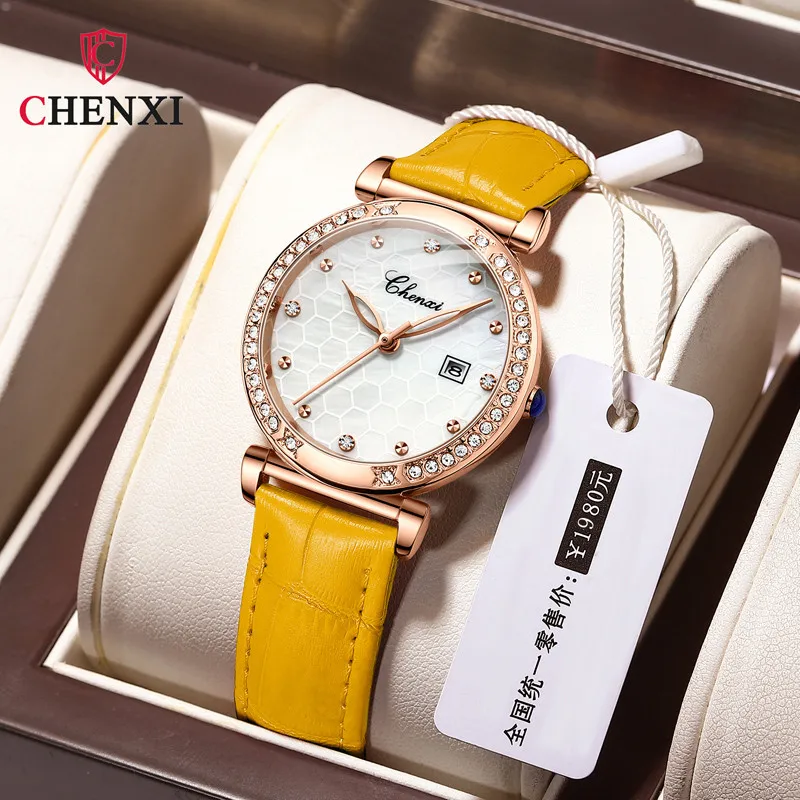 CHENXI Luxury Women Watches Fashion Leather Waterproof Calendar Quartz Watch Fritillary Mesh Dial Leisure Ladies Wrist Watch
