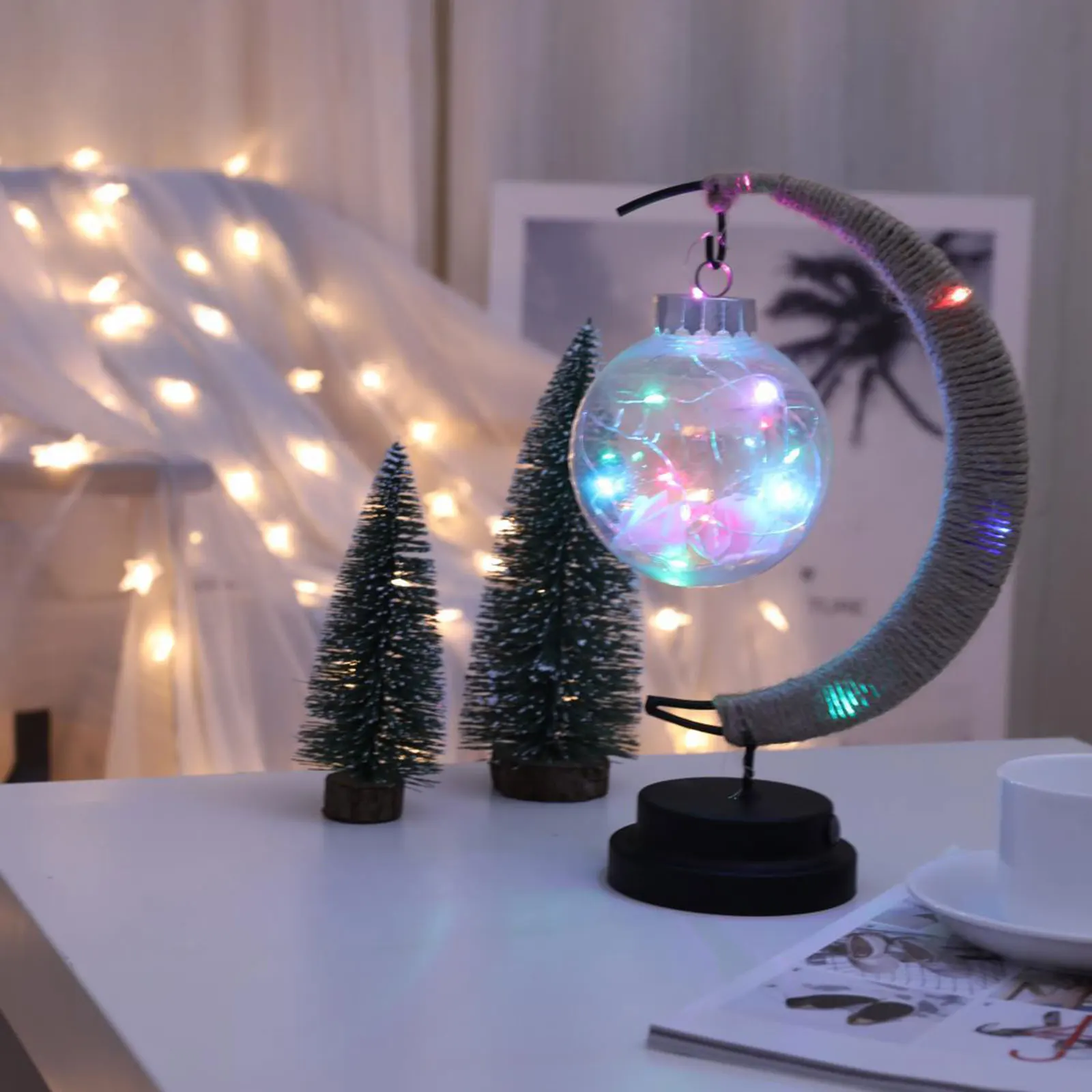 

LED Lantern Night Light Room Christmas Decoration Enchanted Lunar Lamp Home Ornament Handmade Hemp Rope Iron Art Ball Light