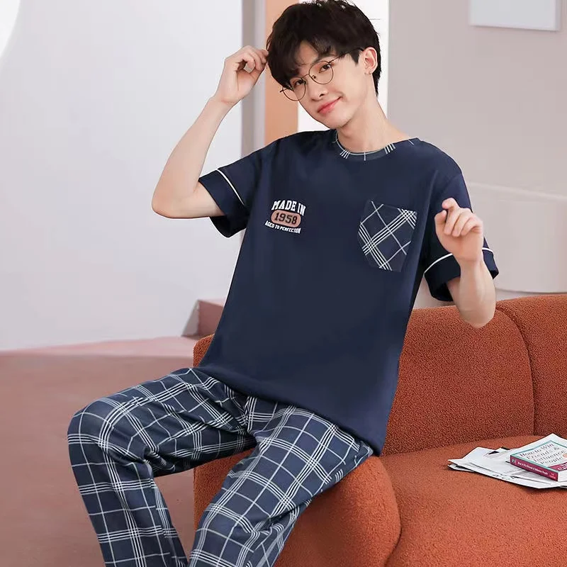 Summer Men Pajamas Set Cotton Short Sleeve Sleepwear Night Suit Casual Loose Nightwear Lounge Homewear Home Clothing Pyjamas