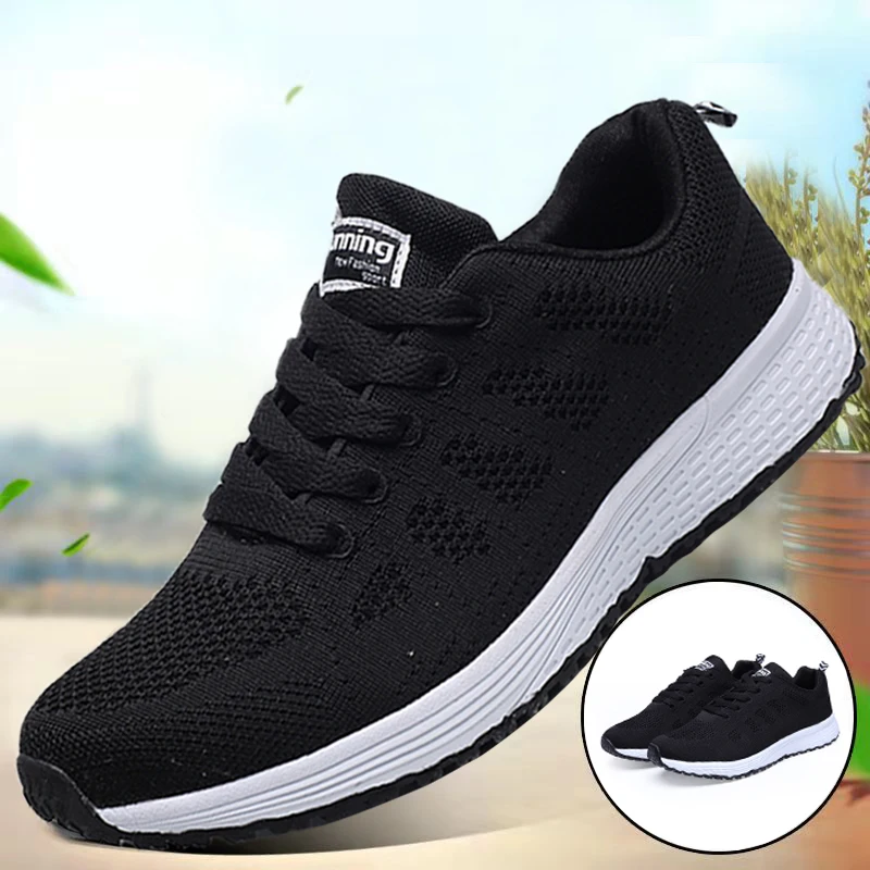 

Дышащие Модные женские кроссовки, новинка 2023, однотонные женские кроссовки на плоской подошве, сетчатая ткань, женская обувь на шнуровке, же...
