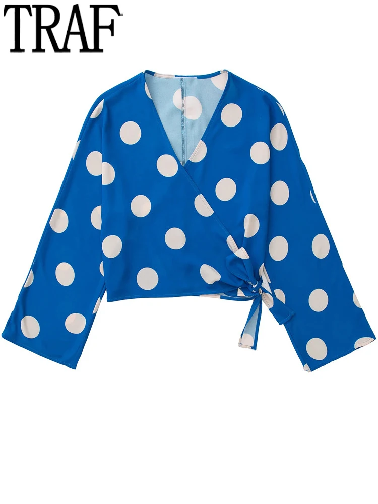 

TRAF Woman 2022 Blue Polka Dot Blouses And Shirts Wrap Crop Top Women Long Sleeve Elegant Female Blouses Cropped Summer Blouse