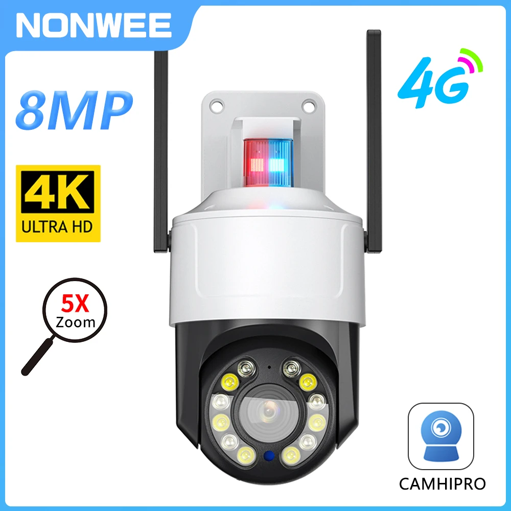 

8MP Surveillance Camera PTZ Outdoor 5MP WIFI 4G Security Camera 5X Optical Zoom Human Detection Red Blue Warning Lights Camhipro
