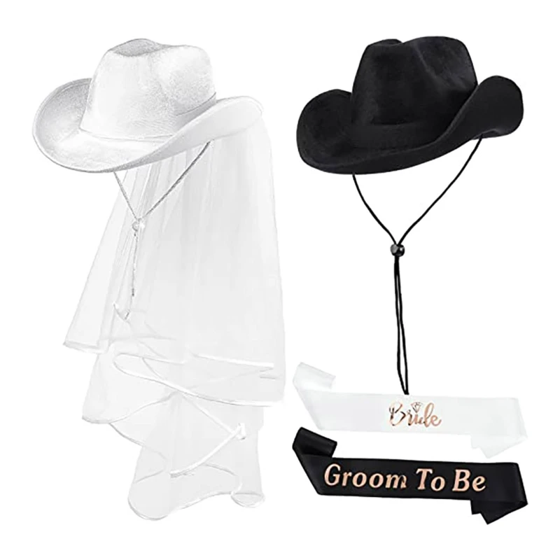 

28TF Western White Black Cowboy Hat Shoulder Strap for Bride Groom Wedding Party