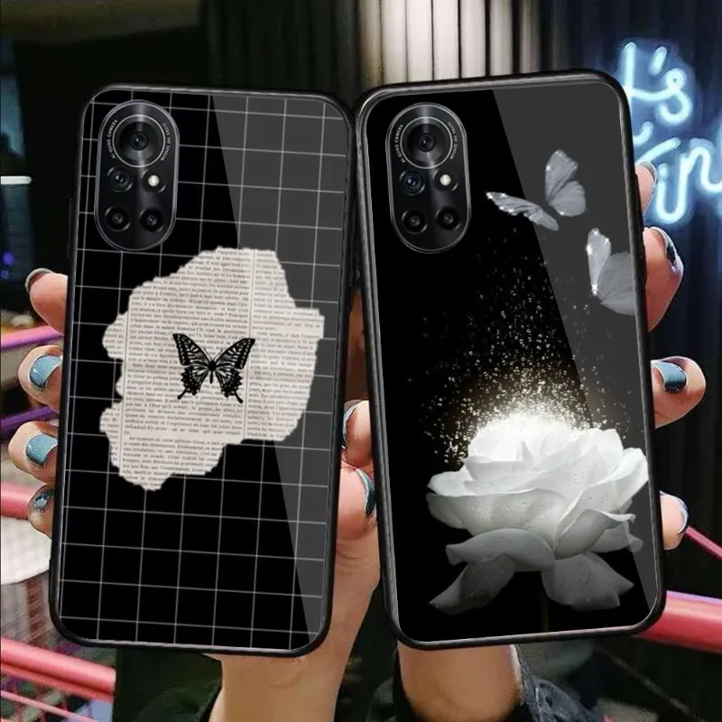 

Черно-белый чехол для телефона Huawei P50 P40 P30 P20 Pro Mate 40 30 20 Pro Nova 9 8 7 PC стеклянный чехол для телефона