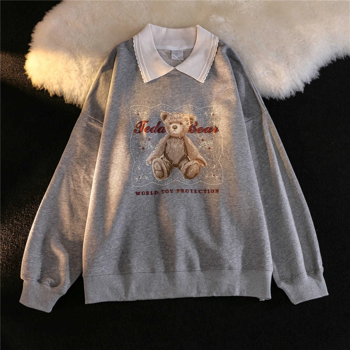 

Autumn Cute Polo Neck Sweatshirt Bear Print Loose Harajuku Kawaii Long Sleeve Fashion Hoodie Women 2022 New Y2K