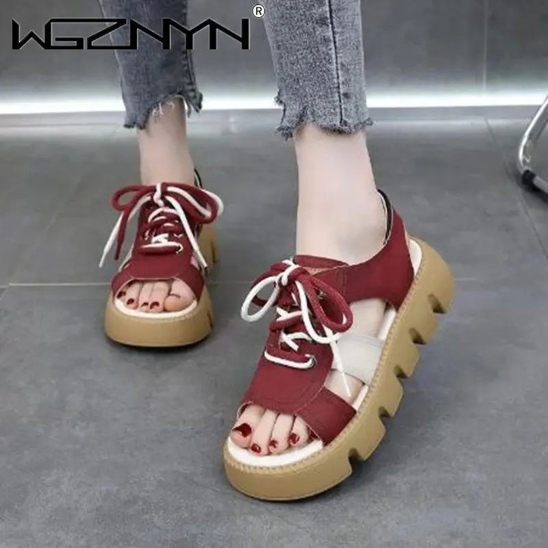 

Leather Roman Sandals Women's 2023 Summer New Thick Bottom Summer Outer Wear Women's Shoes Soft Bottom Lace Up Open Toe Sandals