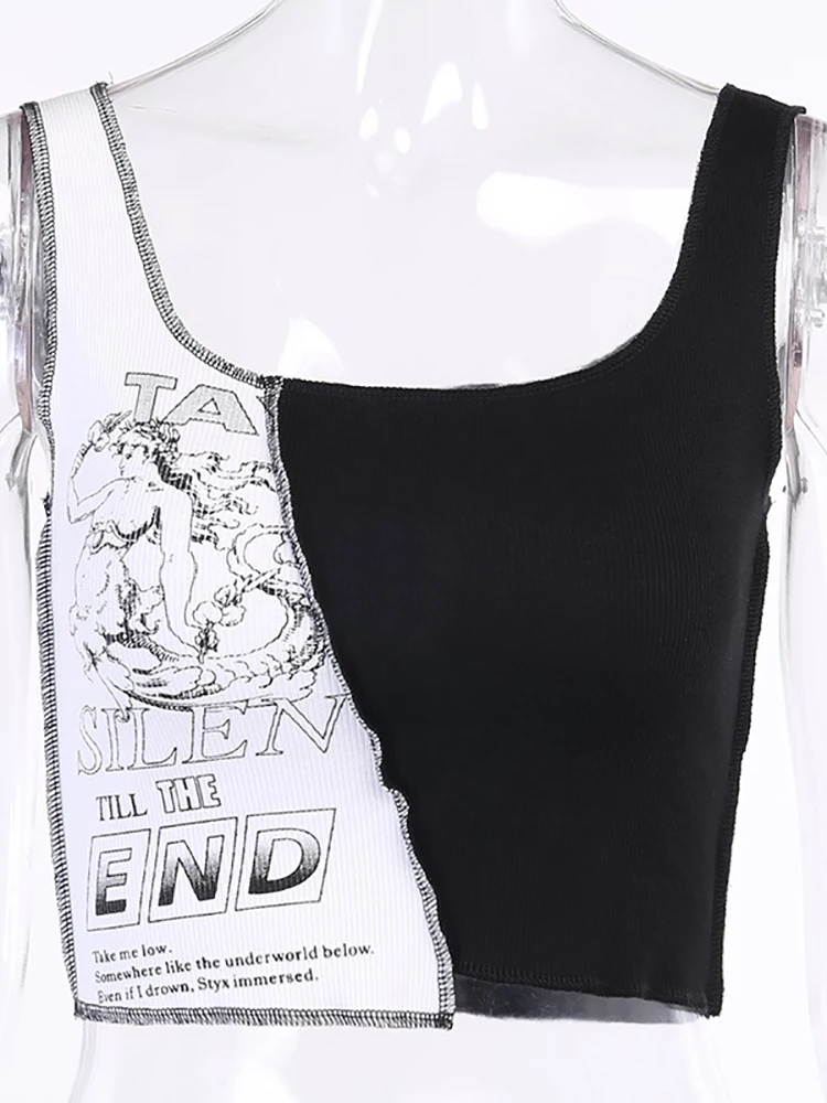 Goth Dark Punk Style Patchwork Tank Tops Aesthetic Letter And Graphic Print Women Crop Top Color Blocking Sleeveless Streetwear