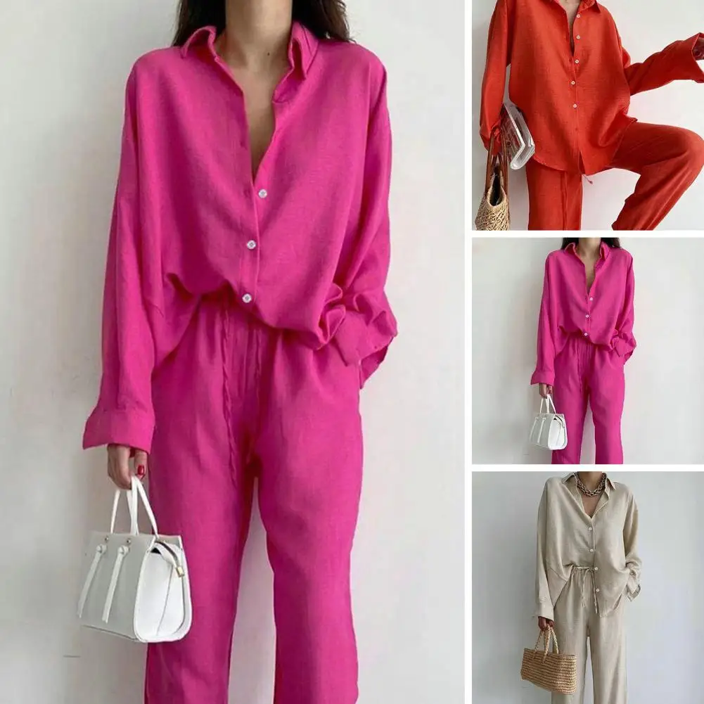 

2 Pcs/Set Women Shirt Pants Set Lapel Loose Blouse Top Long Sleeves Elastic Waist Drawstring Wide Legs Trousers Tracksuit Outfit