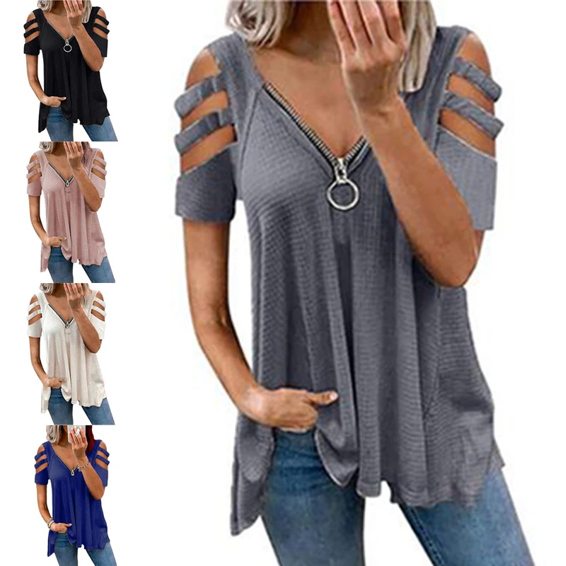 New Fashion Size S-6XL Women's T-shirt Zip off Shoulder Deep V Top Casual Solid Cotton Tunic Commuter Solid Color Loose Top