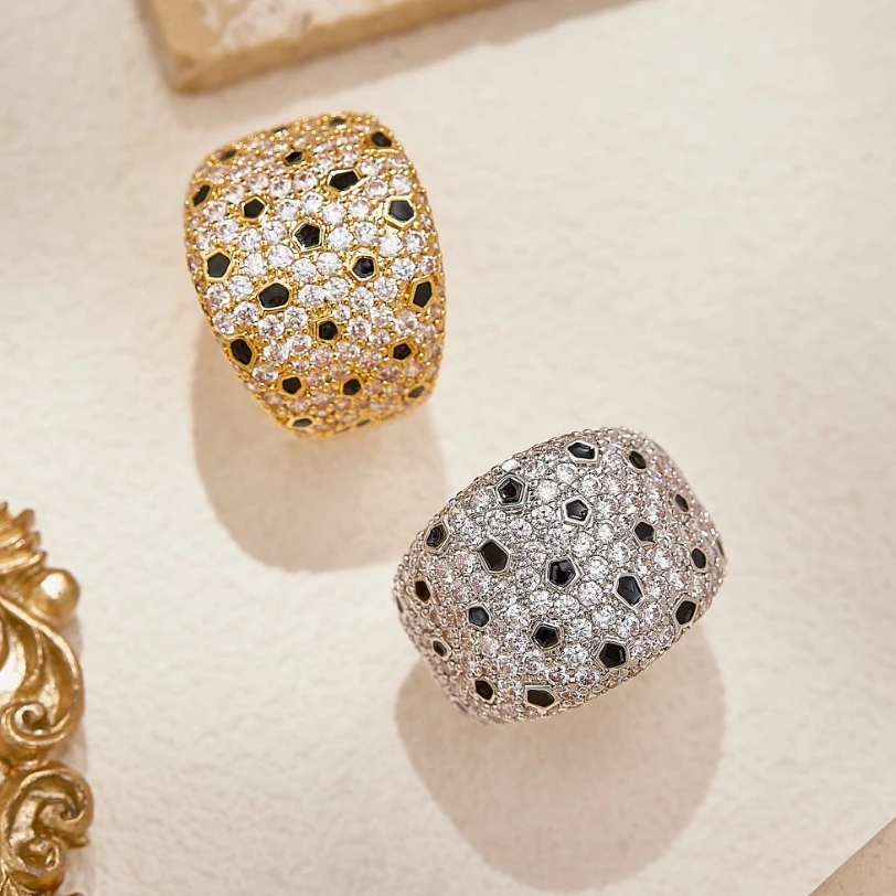 Новое кольцо Ayjewelry с черной эмалью и леопардовым принтом, с циркониевыми камнями, в виде пантеры, для мужчин и женщин, позолоченное 18-каратным золотом (art.: 3920da0691c55) - 3920da0691c55