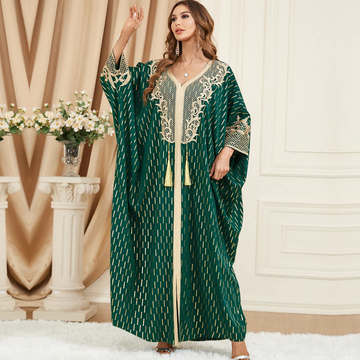BNSQ Muslim Abaya for Women Long Dresses Dubai V Collar Pendant Bat Sleeves Turkey African Caftan Vest