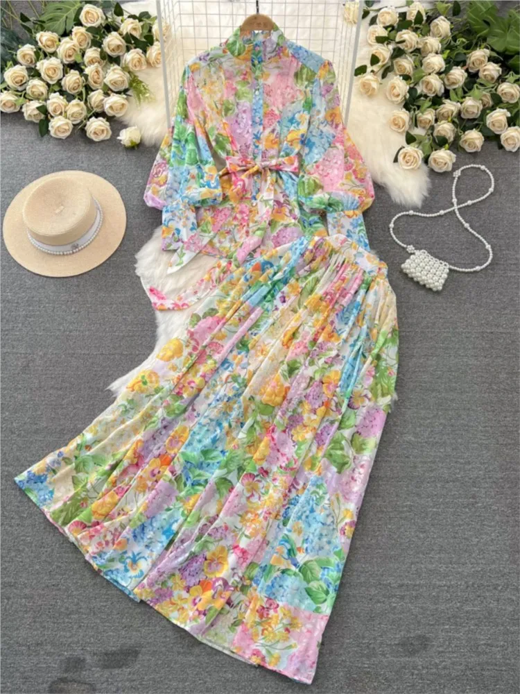 Женский богемный костюм из юбки с цветочным принтом топ рукавами-фонариками и