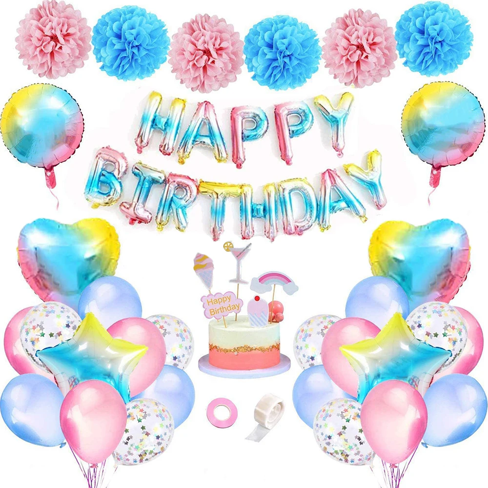 

JOYMEMO Birthday Party Decoration Latex Balloon Set Foil Banner Paper Flower Ball Cake Topper Girl Birthday Baby Shower Supplies