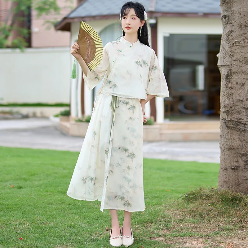 

Элегантный Летний абрикосовый Улучшенный Чонсам Хань элемент ретро модная свежая юбка китайский стиль ханьфу платье Тан костюм для женщин