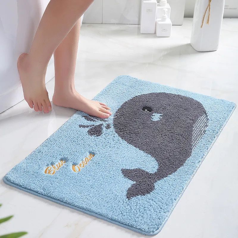 

Cartoon Design Bath Mat Flocked Microfiber Whale Pattern Super Soft Absorbent Bathroom DoorMat Bed Room Non-slip Bath Rug Carpet