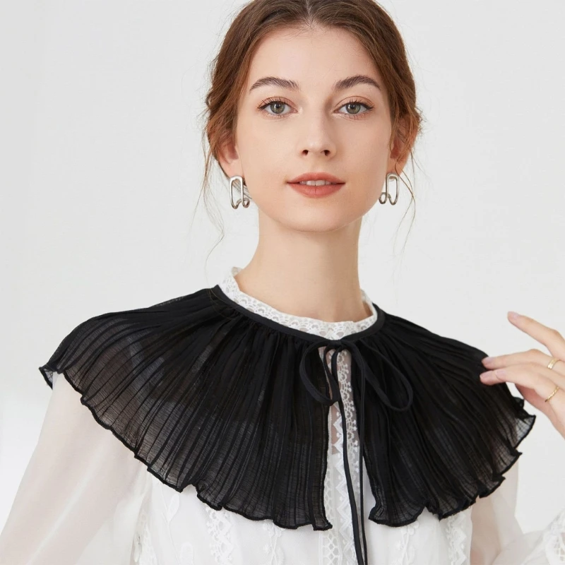 

Women Girls Chiffon Collar Casual Romantic Pleats Designed False Collar Shirt Dress Ornamental Shawl Accessory Black
