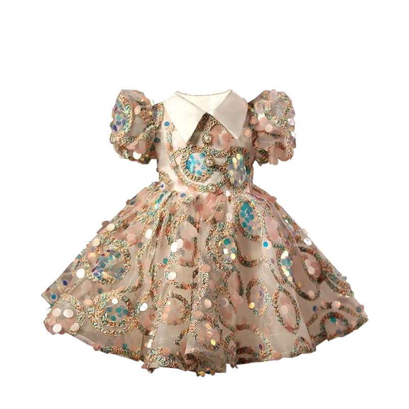 

Flower Girl Dresses for Weddings Baby Girl Dress Short Sleeve Turn Down Collar Sequined Tutu Even Dress for 1-8 Years