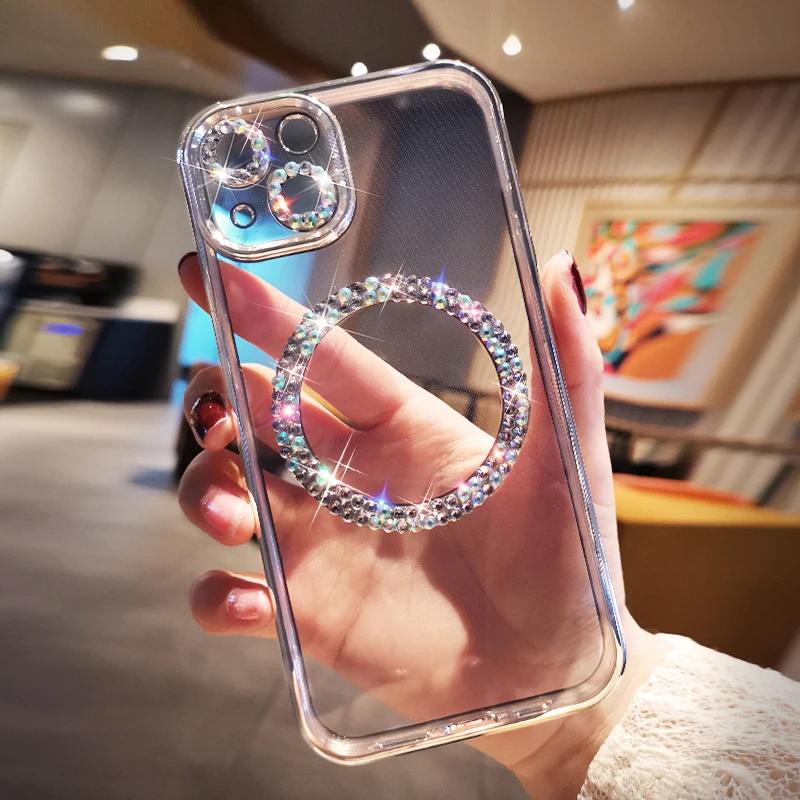

Прозрачный Женский чехол Стразы с магнитным кольцом для iPhone13 Стразы Прозрачный чехол для 11 12 13 Pro Max Магнитный автомобиль