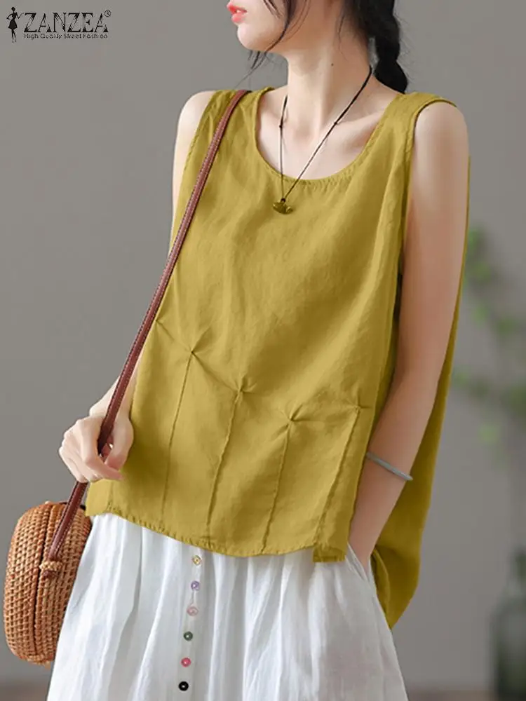 

Women Sleeveless Blouse ZANZEA Summer Solid Tops Tees 2023 Female Cotton Streetwears Oversized Casual Solid Loose Tanks Camis