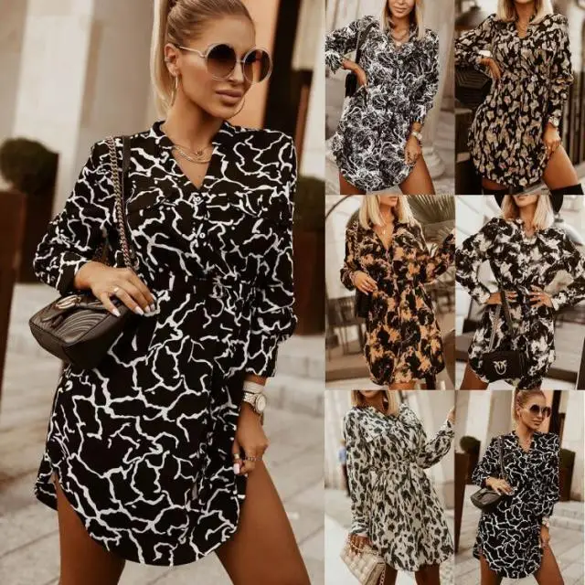 

Women Sexy V Neck Shirt Dresses Spring Autumn Retro Print Dress Female Belted Elegant Office Long Sleeve Party Bodycon Vestido