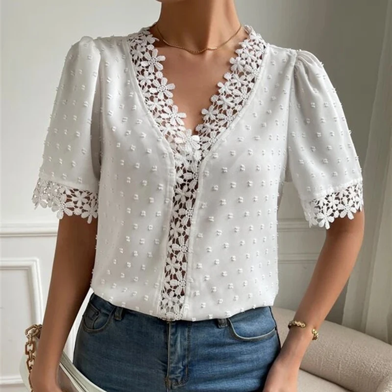 

Женская шифоновая блузка с коротким рукавом, элегантная белая кружевная блузка с V-образным вырезом и ажурными цветами, лето 2023