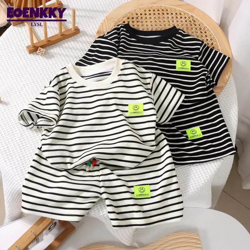 

2023 Summer Set Boy Girl New Korean Version Clothes Fashion Sets Stripe Casual Short Sleeve T-shirts Shorts Outfits Kids 2Psc