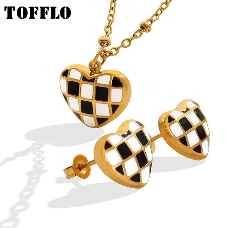 

TOFFLO Stainless Steel Jewelry Peach Heart Checkerboard Pendant Necklace Girls' Clavicle Chain Jewelry Set BSP216-BSF034