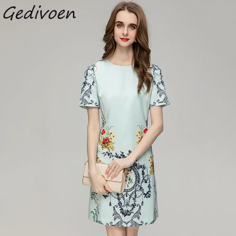 

Модное дизайнерское свободное летнее платье Gedivoen, женское платье мини с круглым вырезом и коротким рукавом, украшенное кристаллами и бусинами, элегантное великолепное платье с цветочным принтом