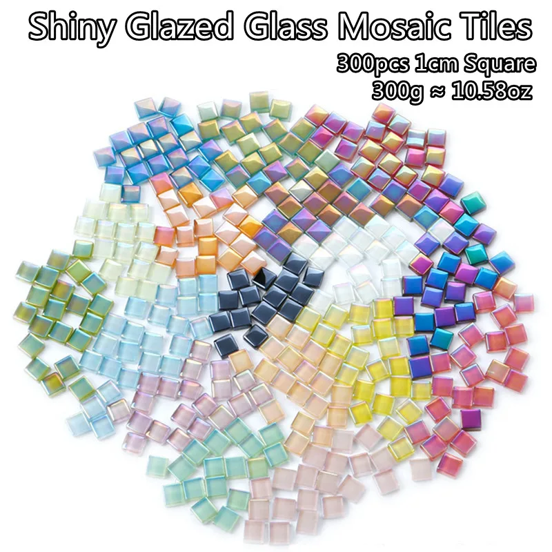 

300pcs(300g/10.58oz) Shiny Glaze Glass Mosaic Tiles 4mm/0.16in Thickness 1cm/0.39in Square Craft Tile Mosaic Making Materials