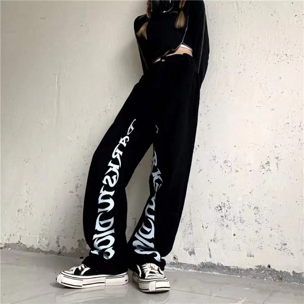 

Женские черные джинсы-карго Y2K, панк брюки с высокой талией, мешковатые корейские модные прямые широкие брюки с принтом в стиле Харадзюку, ул...
